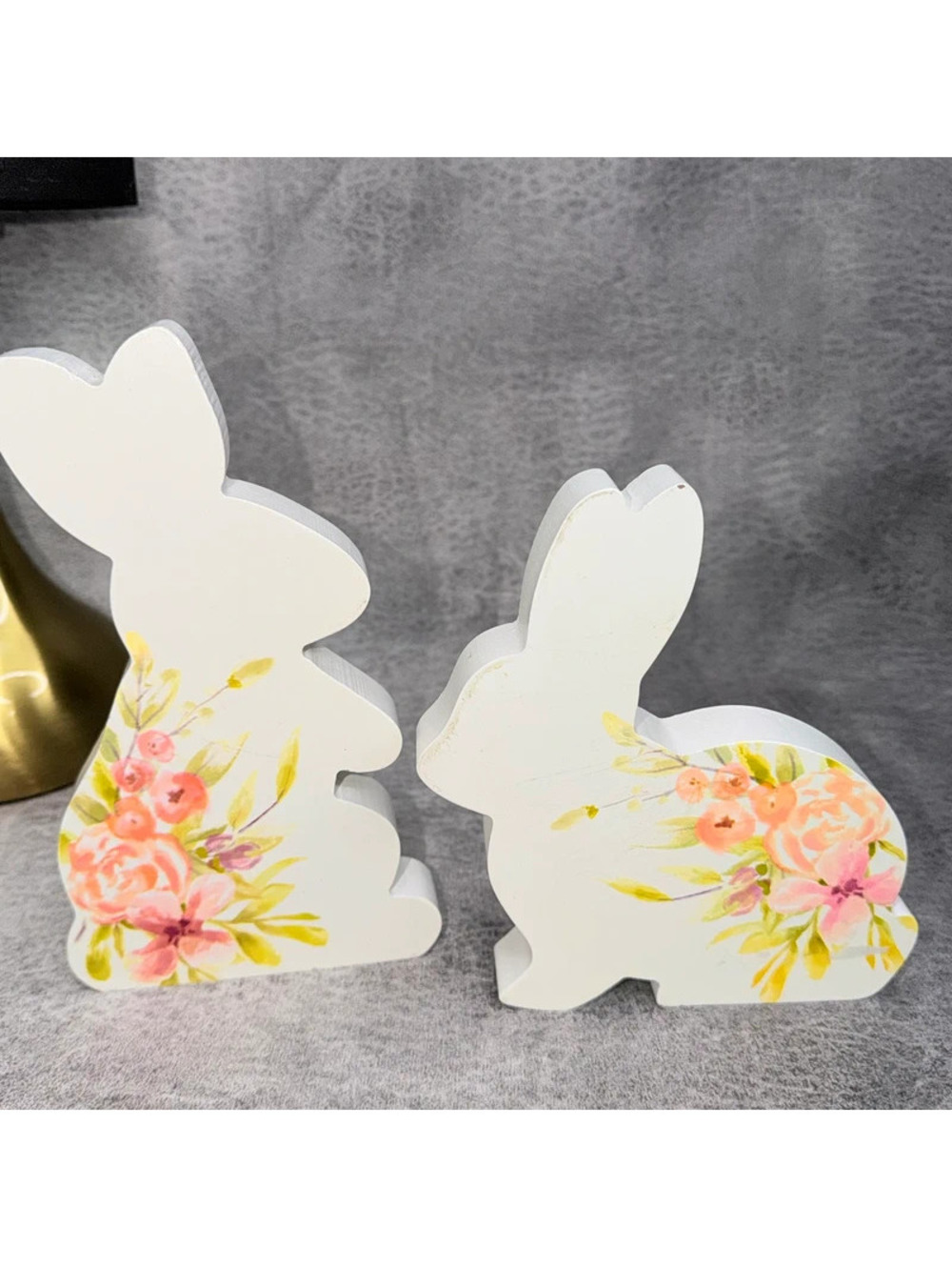 Floral Easter Bunny Wood Décor Set of 2 White Pink Spring Rabbits Cottagecore
